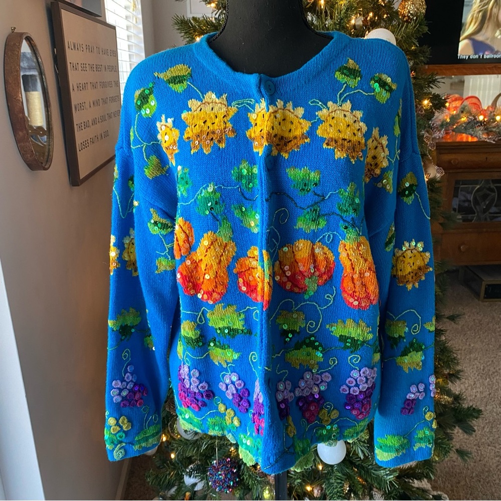Vintage Jane’s Closet Large 3D Fruit Harvest Sequin Crochet Cardigan